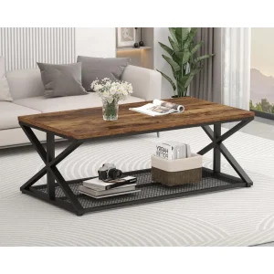 Rustic Brown Coffee Table with Storage,Farmhouse Wood Metal Rectangle Living Room Table,Industrial Middle Center Table with Mesh