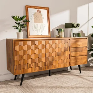 Sideboard  Solid Wood 2 Doors & 3 Drawers,  Cabinet with Geometric Pattern