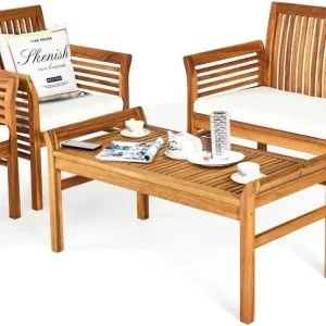 4 Piece Outdoor Acacia Wood Sofa Set with Water Resistant Cushions