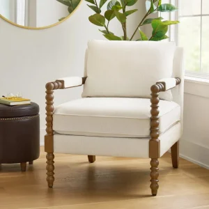 Spindle Accent Chair, Antique White Fabric Upholstery