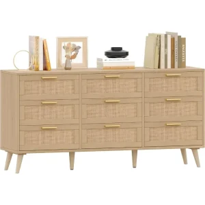 9 Drawer Double Dresser for Bedroom, Rattan Chest of Dressers, Modern Wooden Dresser Chest with Golden Handles, Beside Table