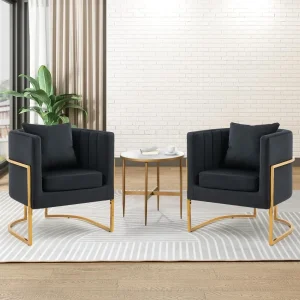 Modern Accent Chair Set of 2, Mid Century Comfy Single Vanity Chair with Metal Gold Legs for Bedroom, Black,Living Room Chairs